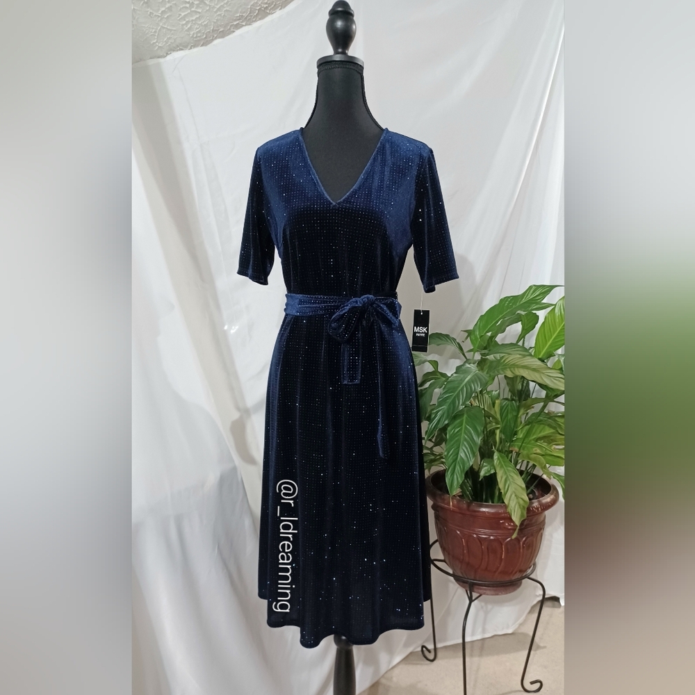 NWT MSK Petite Studded Belted Velvet Dress Size Petite Medium In Starlight Blue
